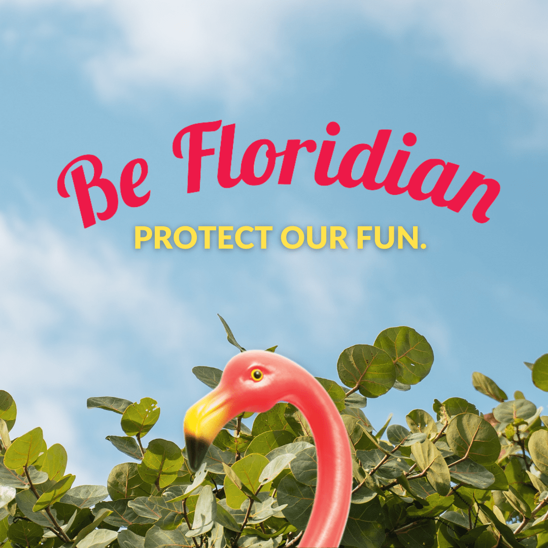 A website banner image with a background of a blue sky and sea grape leaves, as well as the Be Floridian logo and pink flamingo.