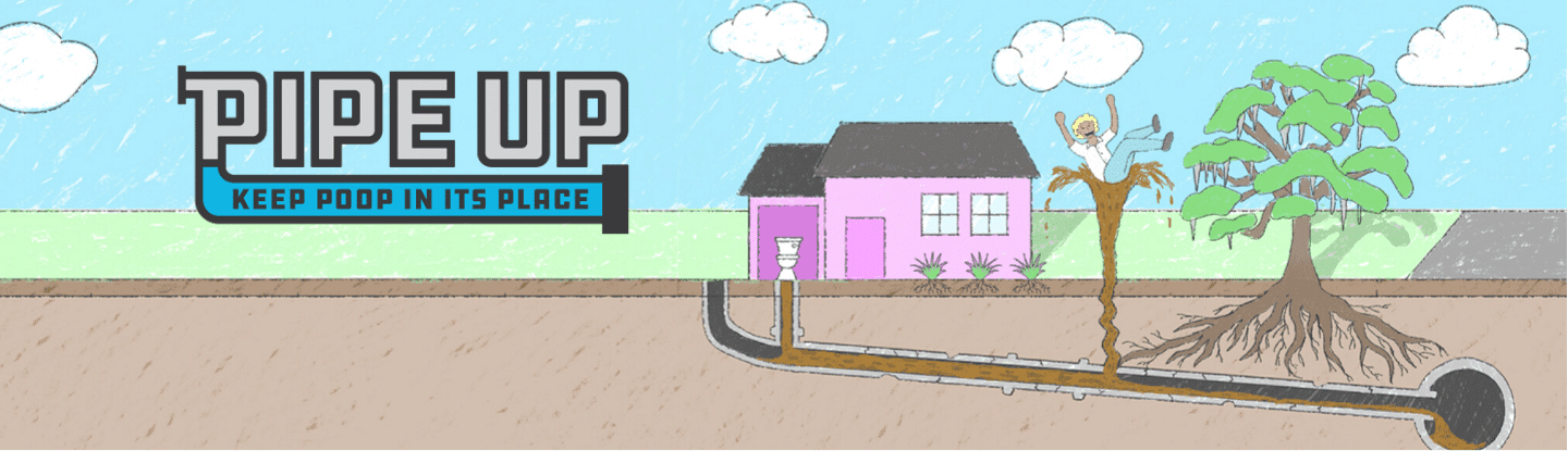 The Pipe Up Campaign Banner. An illustration of a homeowner experiencing a broken pipe. 